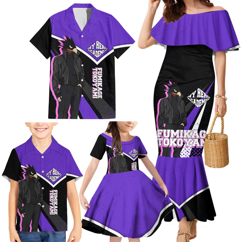 Fumikage Tokoyami My Hero Academia Family Matching Mermaid Dress and Hawaiian Shirt Anime Grunge Splatter Graphic Style