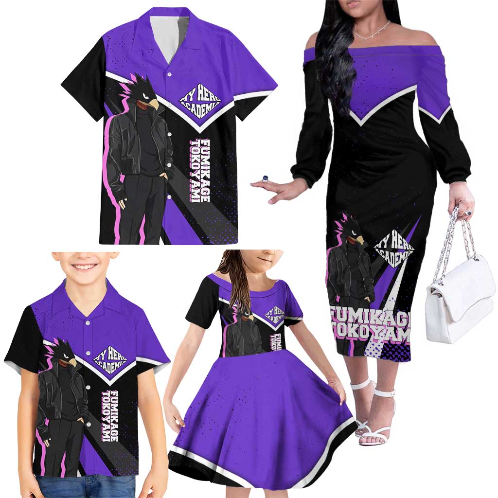 Fumikage Tokoyami My Hero Academia Family Matching Off The Shoulder Long Sleeve Dress and Hawaiian Shirt Anime Grunge Splatter Graphic Style
