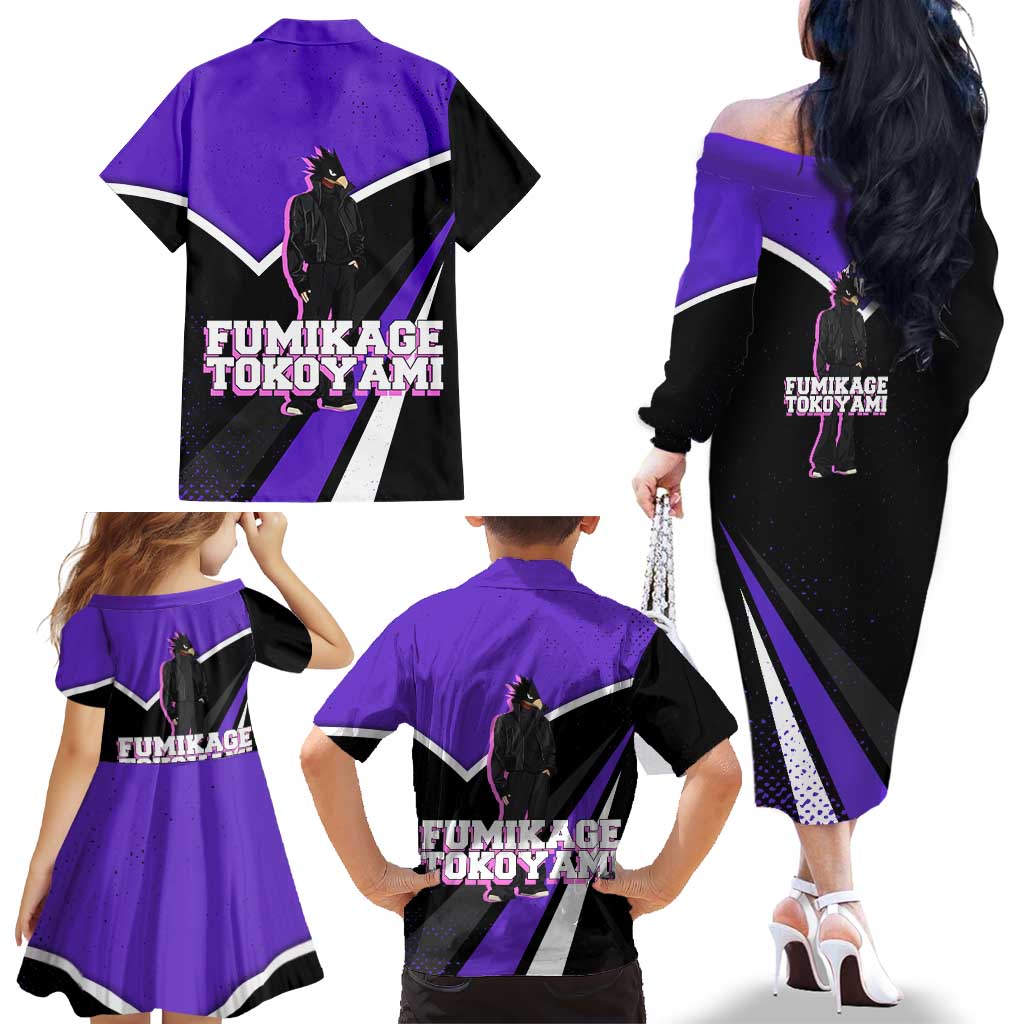 Fumikage Tokoyami My Hero Academia Family Matching Off The Shoulder Long Sleeve Dress and Hawaiian Shirt Anime Grunge Splatter Graphic Style