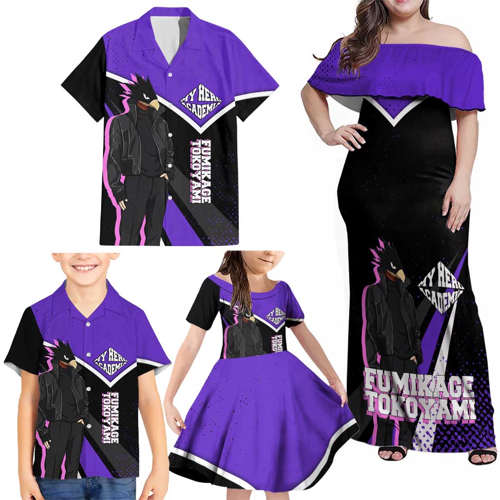 Fumikage Tokoyami My Hero Academia Family Matching Off Shoulder Maxi Dress and Hawaiian Shirt Anime Grunge Splatter Graphic Style
