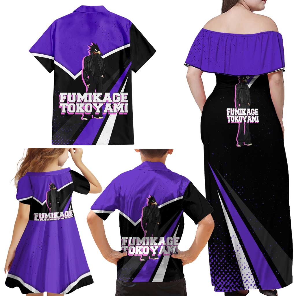 Fumikage Tokoyami My Hero Academia Family Matching Off Shoulder Maxi Dress and Hawaiian Shirt Anime Grunge Splatter Graphic Style