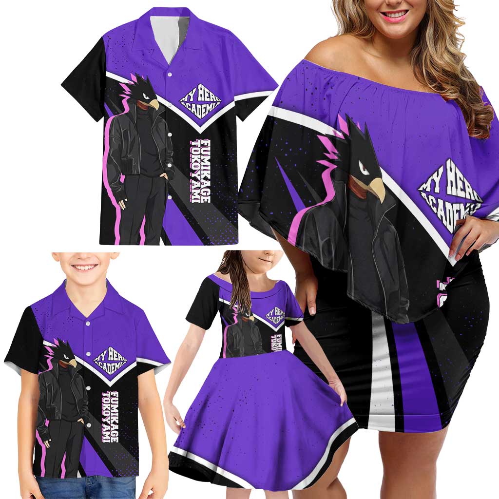 Fumikage Tokoyami My Hero Academia Family Matching Off Shoulder Short Dress and Hawaiian Shirt Anime Grunge Splatter Graphic Style