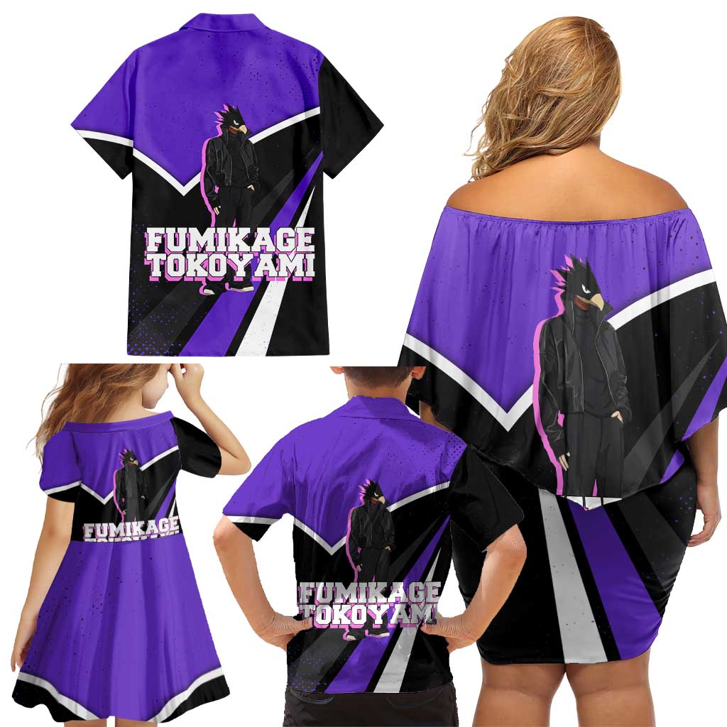 Fumikage Tokoyami My Hero Academia Family Matching Off Shoulder Short Dress and Hawaiian Shirt Anime Grunge Splatter Graphic Style