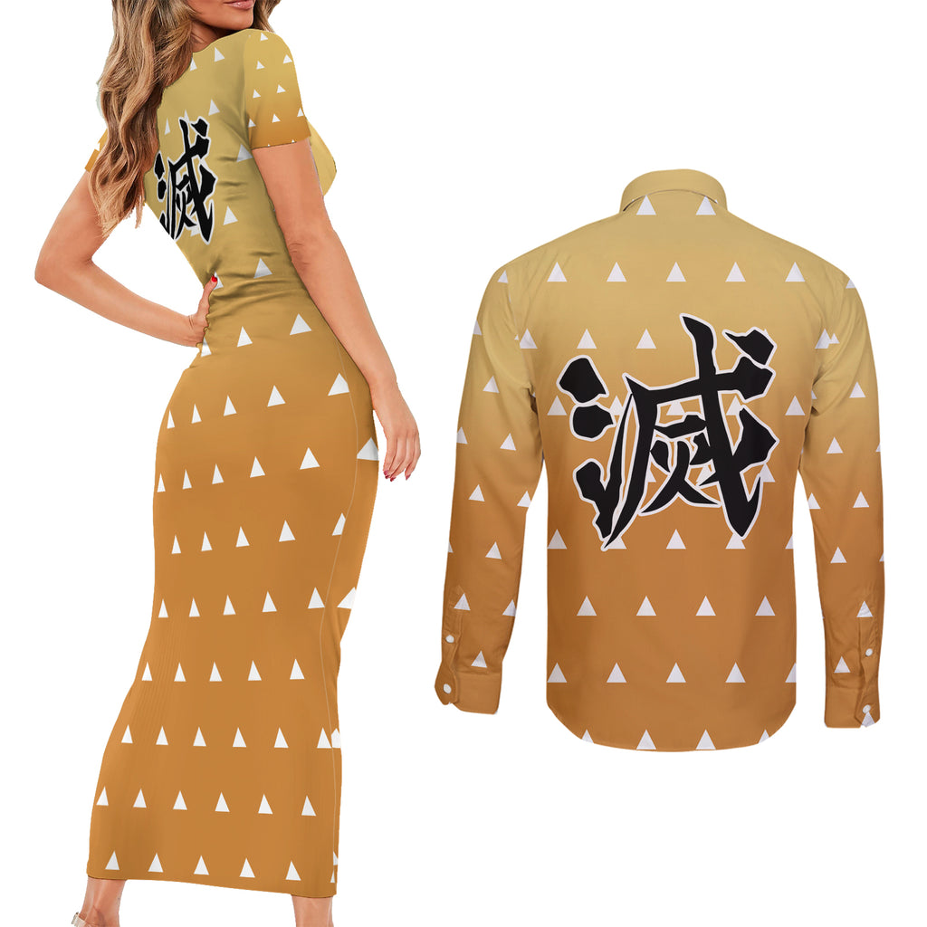 Kimetsu Zenitsu Couples Matching Short Sleeve Bodycon Dress and Long Sleeve Button Shirt Demon Slayer Anime Funny Style