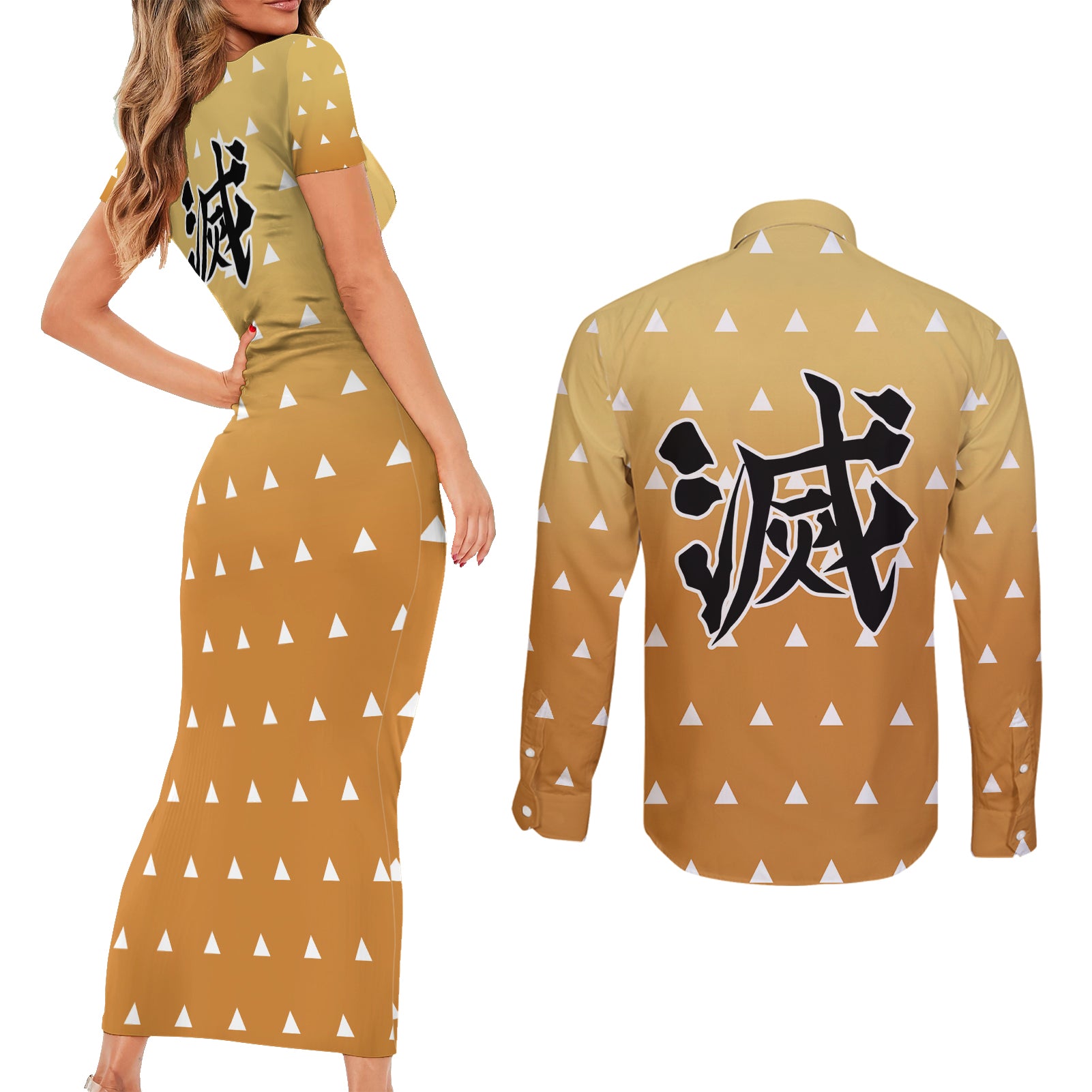 Kimetsu Zenitsu Couples Matching Short Sleeve Bodycon Dress and Long Sleeve Button Shirt Demon Slayer Anime Funny Style