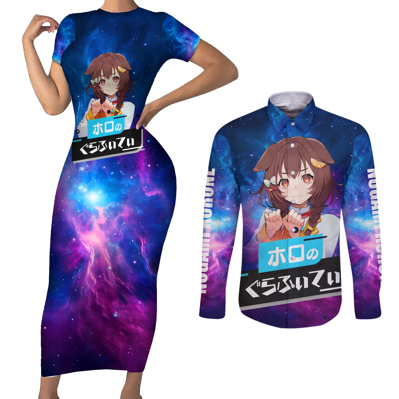 Inugami Korone Holo Live Couples Matching Short Sleeve Bodycon Dress and Long Sleeve Button Shirt Galaxy Style