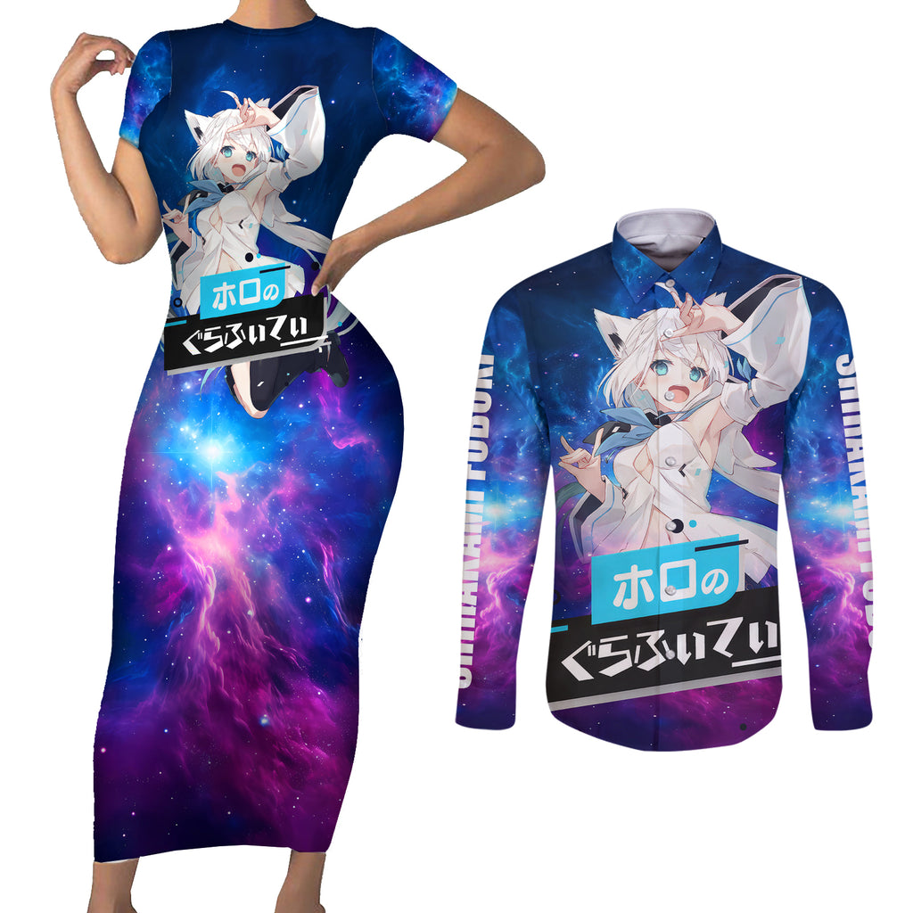 Shirakami Fubuki Holo Live Couples Matching Short Sleeve Bodycon Dress and Long Sleeve Button Shirt Galaxy Style