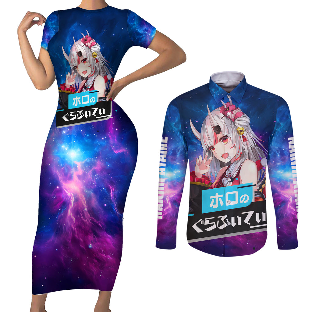 Nakiri Ayame Holo Live Couples Matching Short Sleeve Bodycon Dress and Long Sleeve Button Shirt Galaxy Style