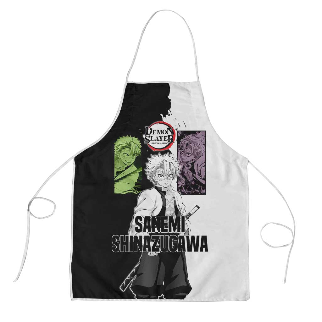 Sanemi Shinazugawa from Demon Slayer Apron with Black and White Split Background and Intense Battle-Ready Manga Style Design - The Mazicc