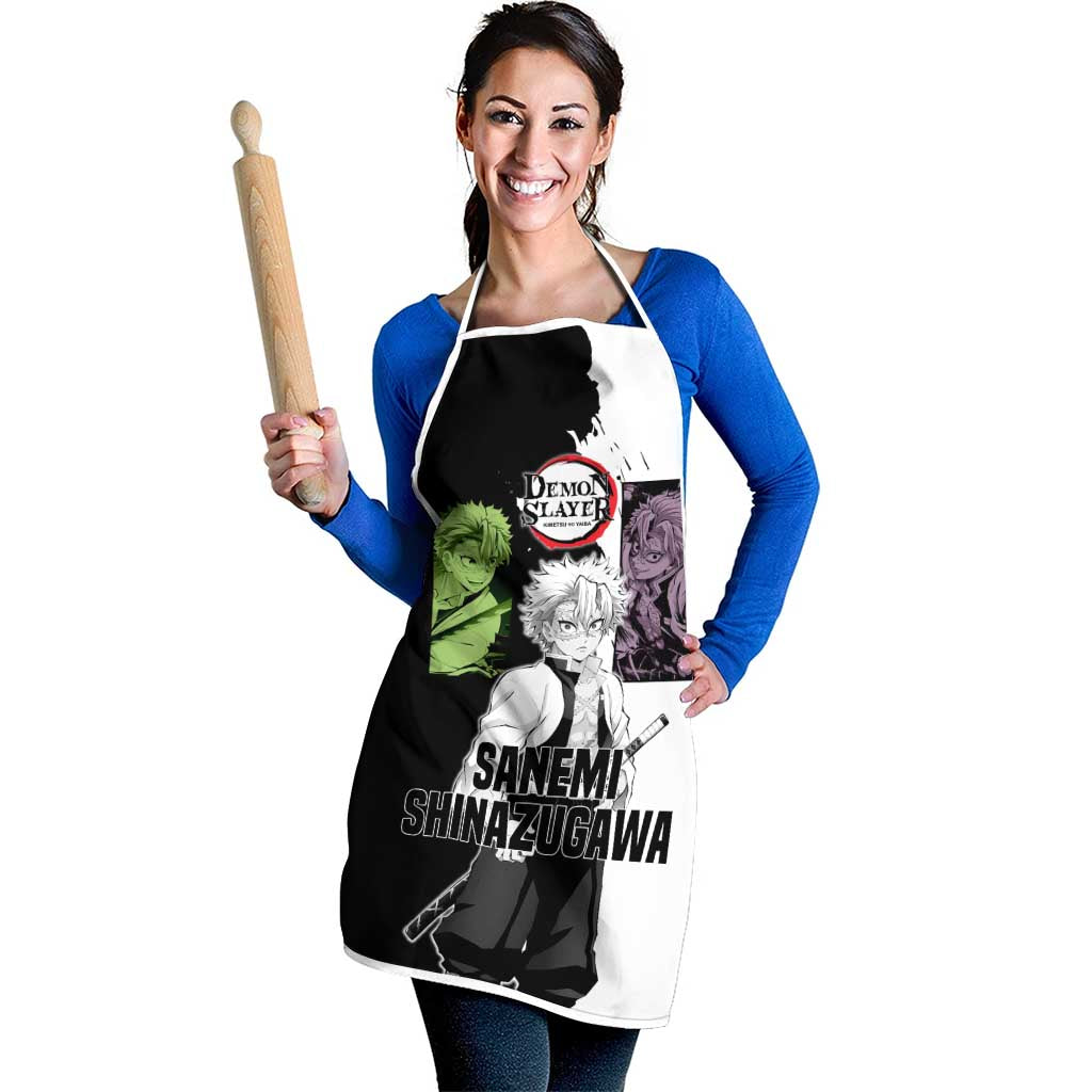 Sanemi Shinazugawa from Demon Slayer Apron with Black and White Split Background and Intense Battle-Ready Manga Style Design - The Mazicc