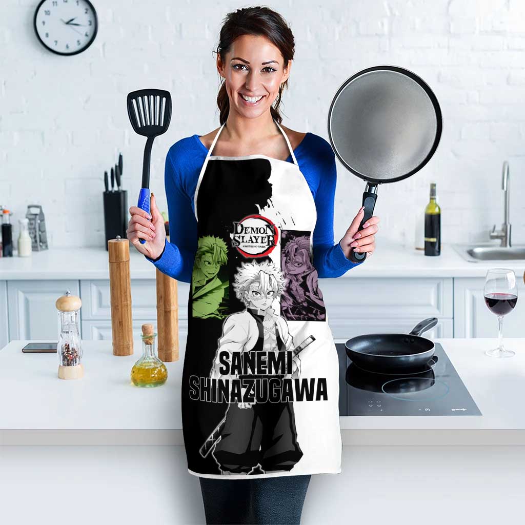 Sanemi Shinazugawa from Demon Slayer Apron with Black and White Split Background and Intense Battle-Ready Manga Style Design - The Mazicc
