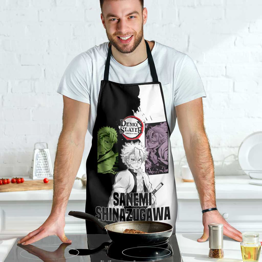 Sanemi Shinazugawa from Demon Slayer Apron with Black and White Split Background and Intense Battle-Ready Manga Style Design - The Mazicc