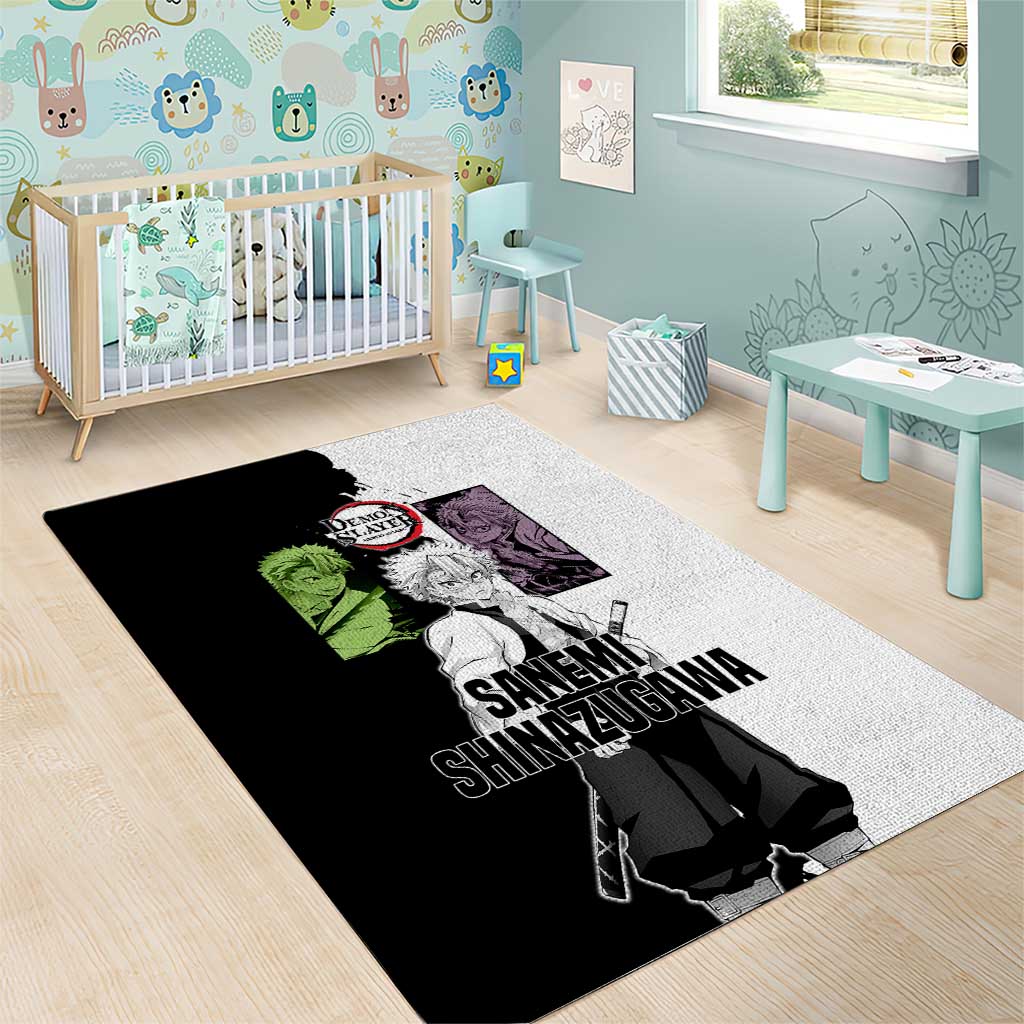 Sanemi Shinazugawa from Demon Slayer Area Rug with Black and White Split Background and Intense Battle-Ready Manga Style Design - The Mazicc