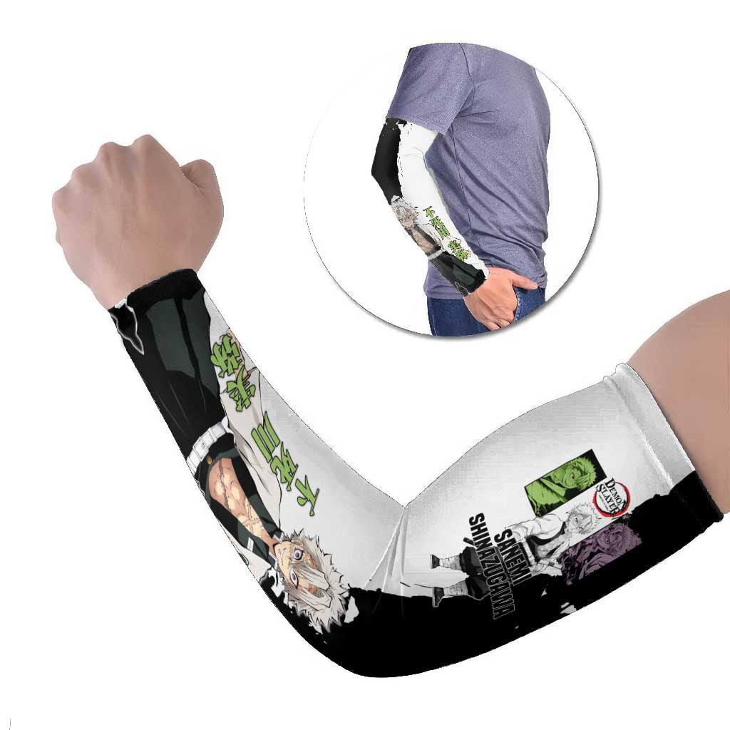 Sanemi Shinazugawa from Demon Slayer Arm Sleeves with Black and White Split Background and Intense Battle-Ready Manga Style Design - The Mazicc