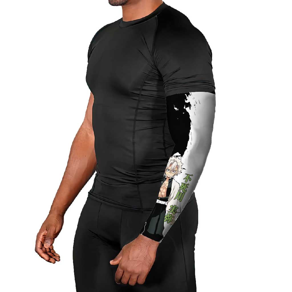 Sanemi Shinazugawa from Demon Slayer Arm Sleeves with Black and White Split Background and Intense Battle-Ready Manga Style Design - The Mazicc
