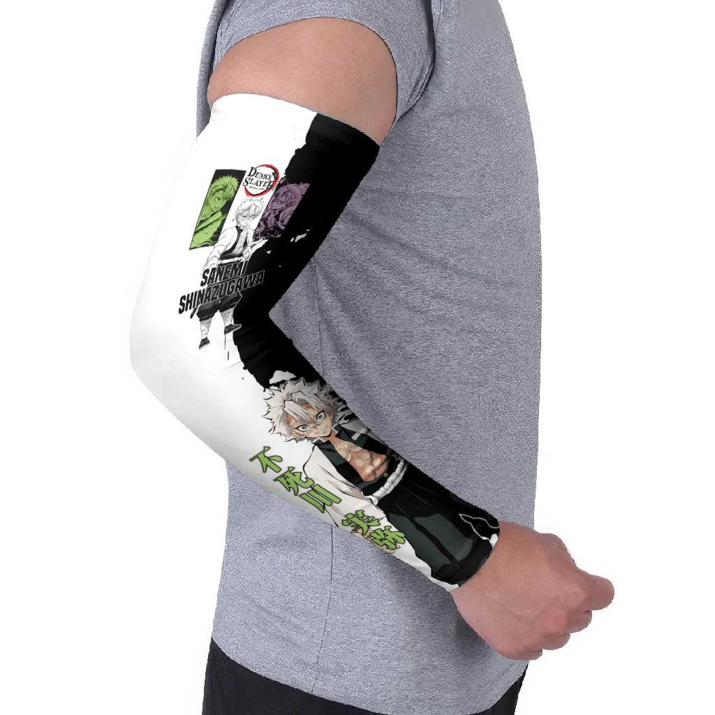 Sanemi Shinazugawa from Demon Slayer Arm Sleeves with Black and White Split Background and Intense Battle-Ready Manga Style Design - The Mazicc