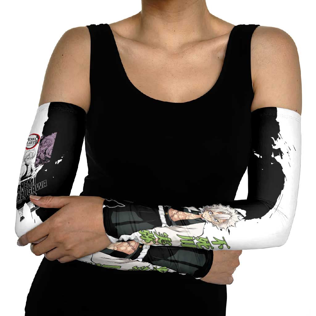 Sanemi Shinazugawa from Demon Slayer Arm Sleeves with Black and White Split Background and Intense Battle-Ready Manga Style Design - The Mazicc