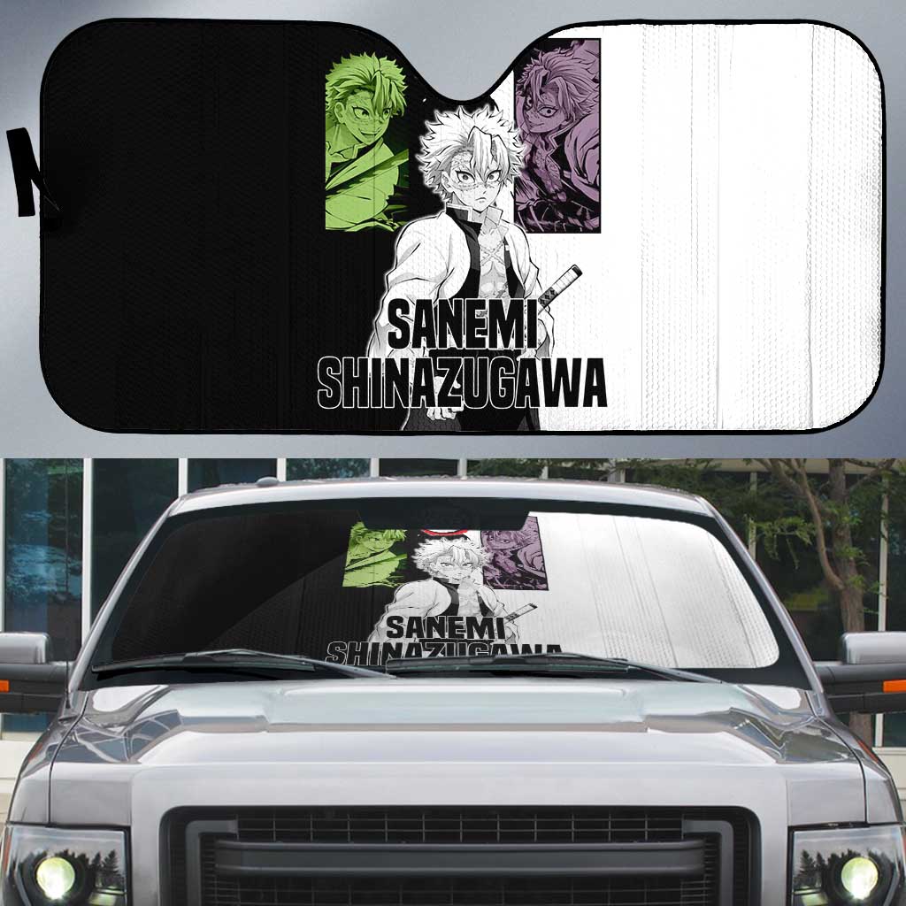 Sanemi Shinazugawa from Demon Slayer Auto Sun Shade with Black and White Split Background and Intense Battle-Ready Manga Style Design - The Mazicc