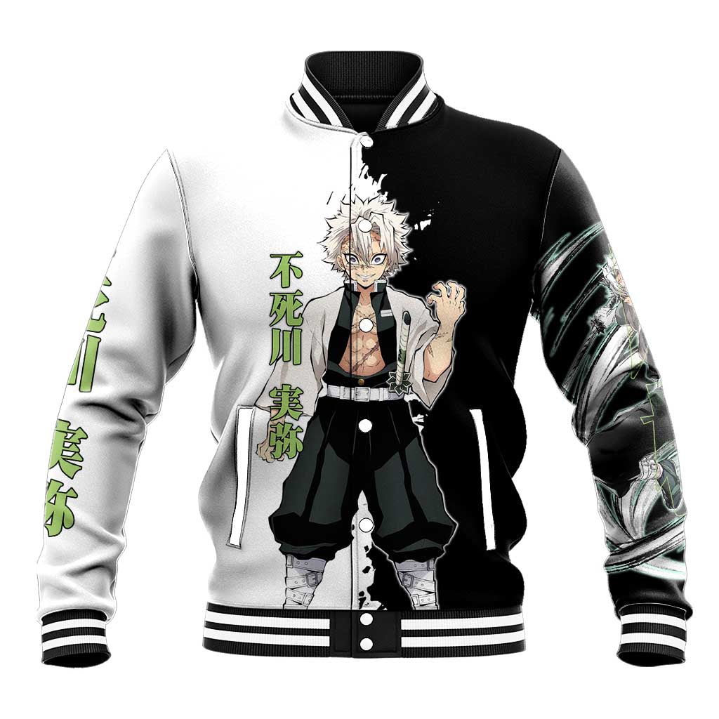 Sanemi Shinazugawa from Demon Slayer Baseball Jacket with Black and White Split Background and Intense Battle-Ready Manga Style Design - The Mazicc