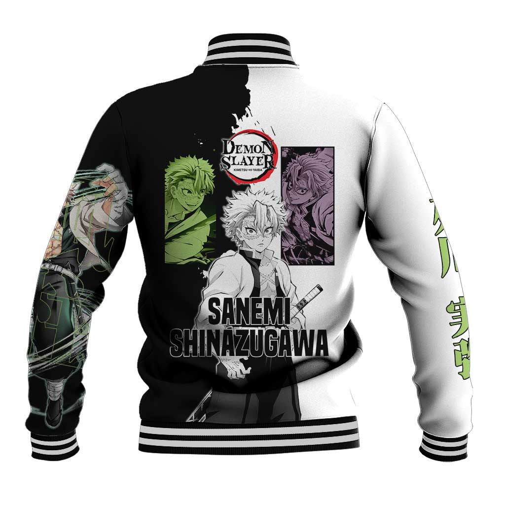 Sanemi Shinazugawa from Demon Slayer Baseball Jacket with Black and White Split Background and Intense Battle-Ready Manga Style Design - The Mazicc