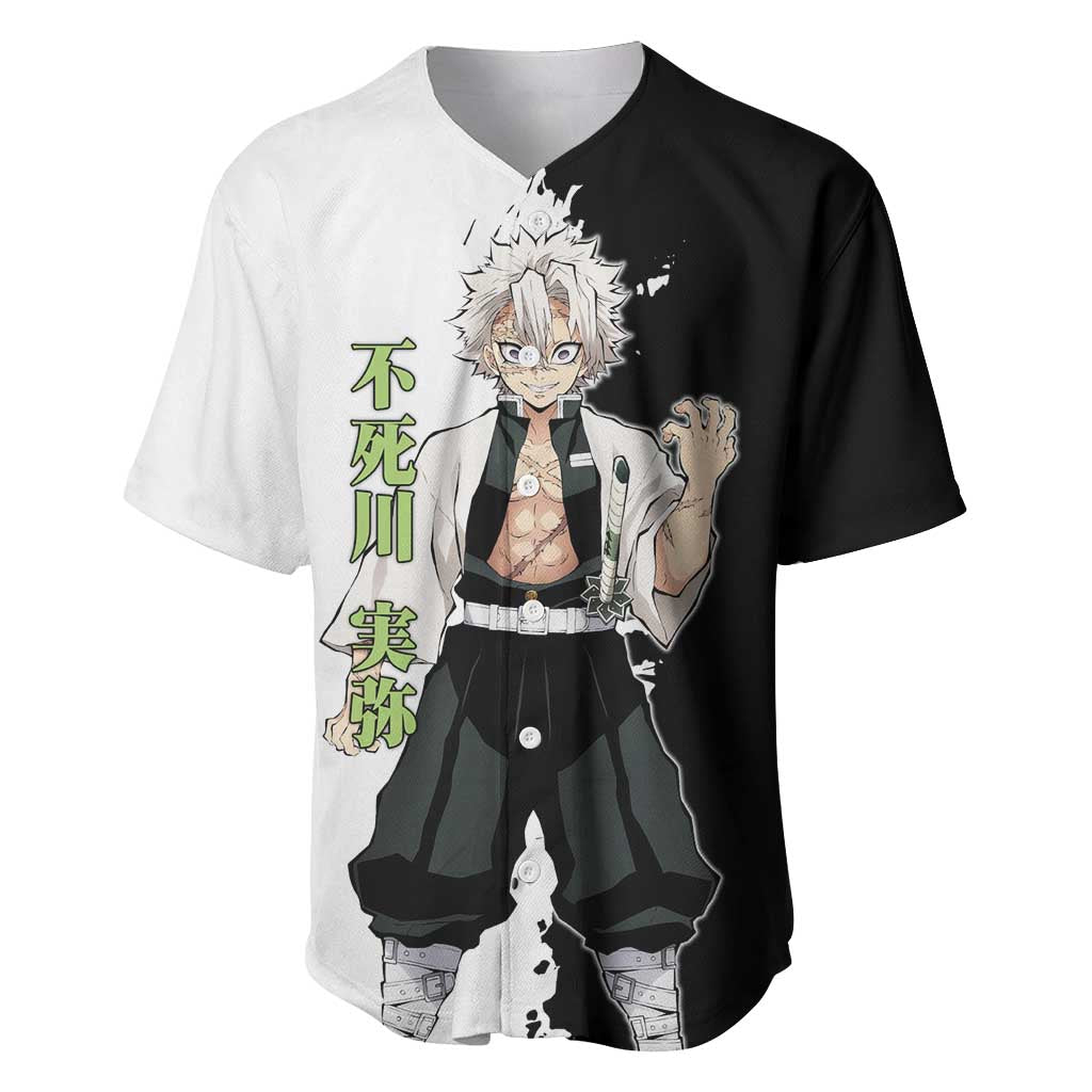 Sanemi Shinazugawa from Demon Slayer Baseball Jersey with Black and White Split Background and Intense Battle-Ready Manga Style Design - The Mazicc