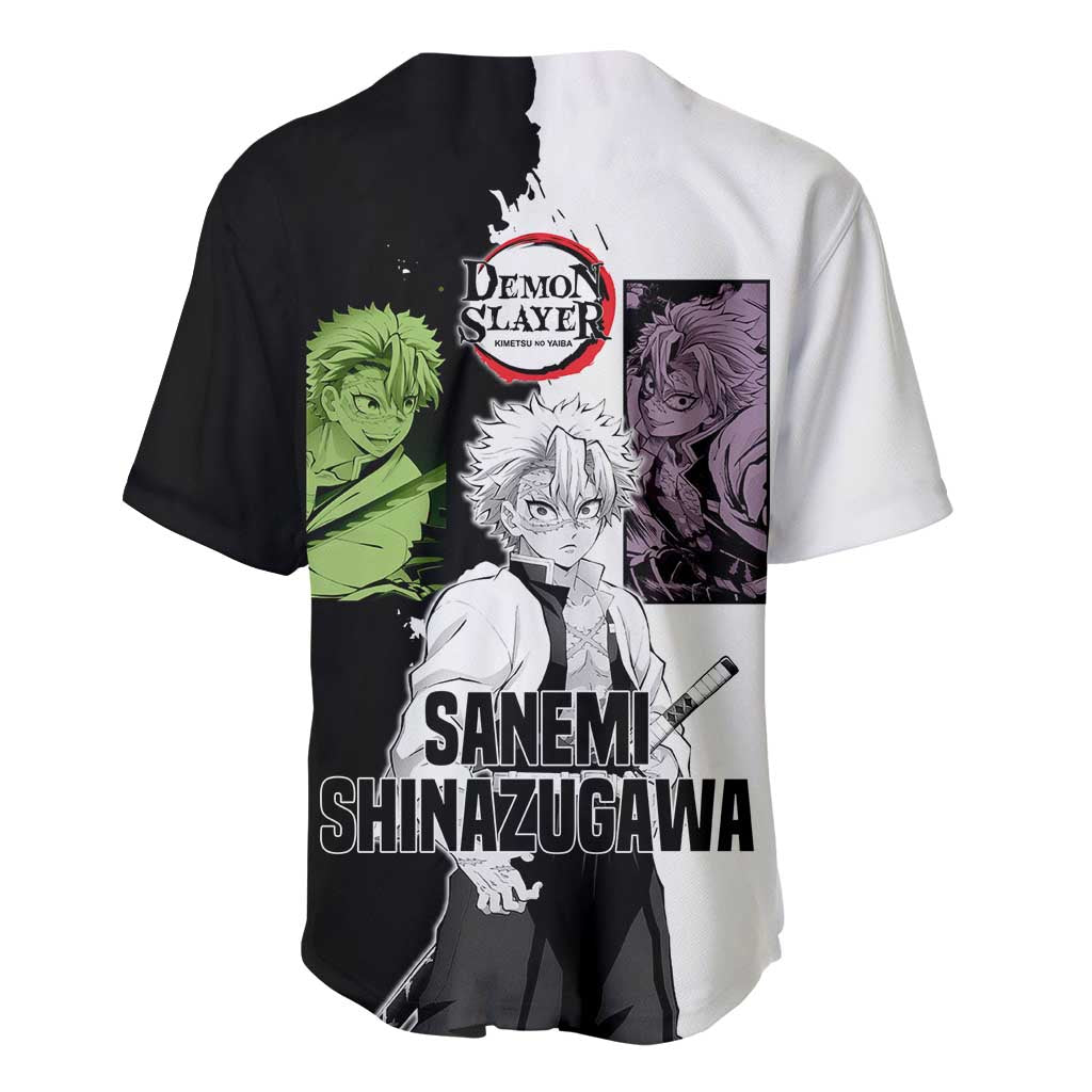Sanemi Shinazugawa from Demon Slayer Baseball Jersey with Black and White Split Background and Intense Battle-Ready Manga Style Design - The Mazicc