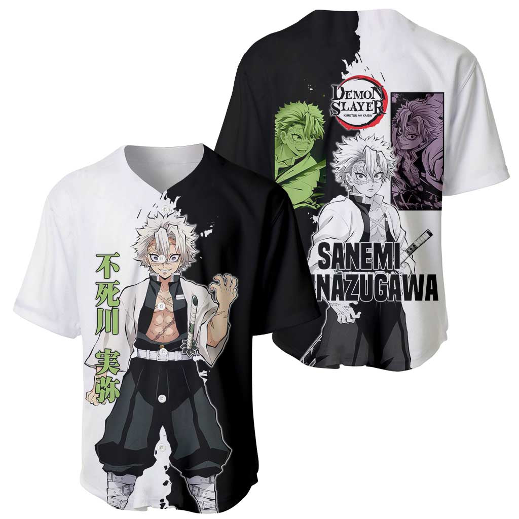 Sanemi Shinazugawa from Demon Slayer Baseball Jersey with Black and White Split Background and Intense Battle-Ready Manga Style Design - The Mazicc