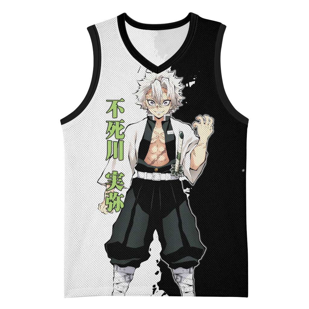 Sanemi Shinazugawa from Demon Slayer Basketball Jersey with Black and White Split Background and Intense Battle-Ready Manga Style Design - The Mazicc