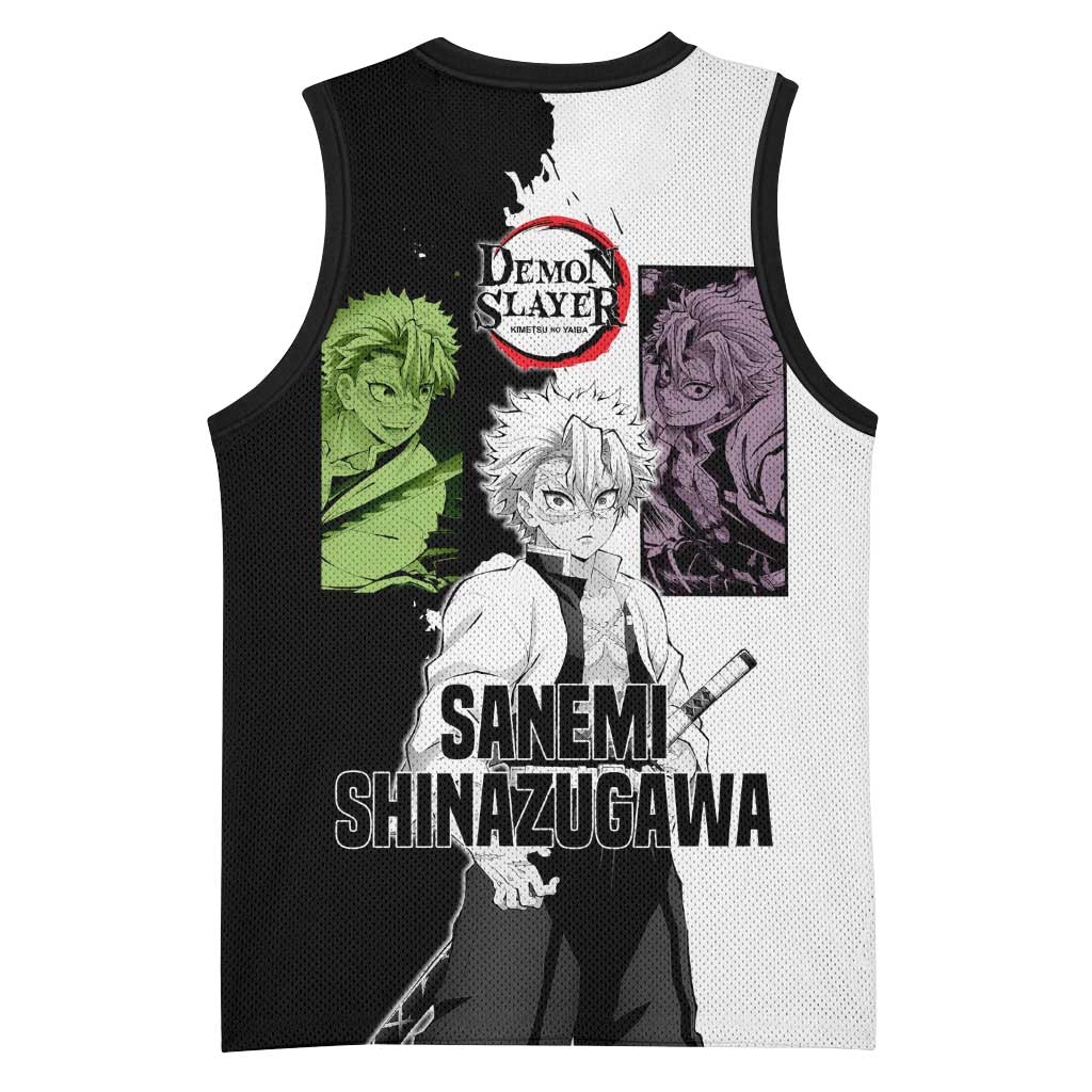 Sanemi Shinazugawa from Demon Slayer Basketball Jersey with Black and White Split Background and Intense Battle-Ready Manga Style Design - The Mazicc