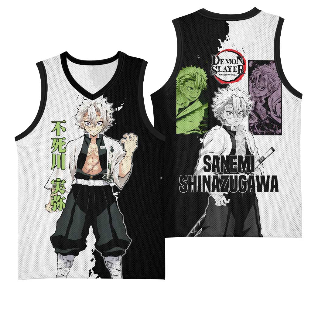 Sanemi Shinazugawa from Demon Slayer Basketball Jersey with Black and White Split Background and Intense Battle-Ready Manga Style Design - The Mazicc