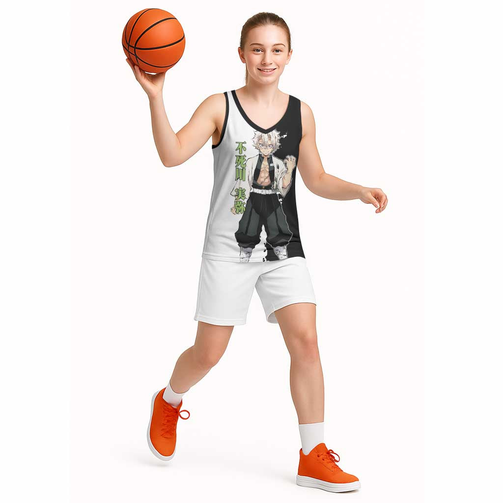 Sanemi Shinazugawa from Demon Slayer Basketball Jersey with Black and White Split Background and Intense Battle-Ready Manga Style Design - The Mazicc
