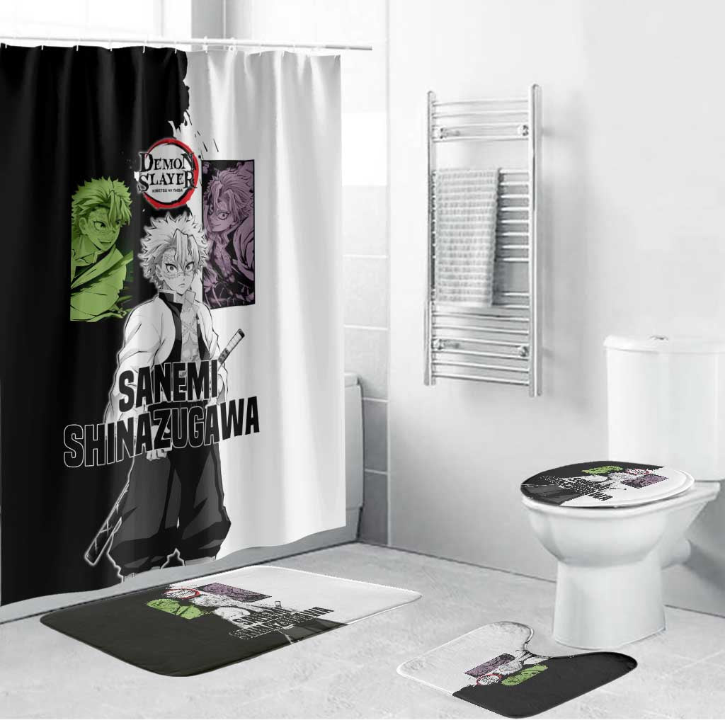 Sanemi Shinazugawa from Demon Slayer Bathroom Set with Black and White Split Background and Intense Battle-Ready Manga Style Design - The Mazicc