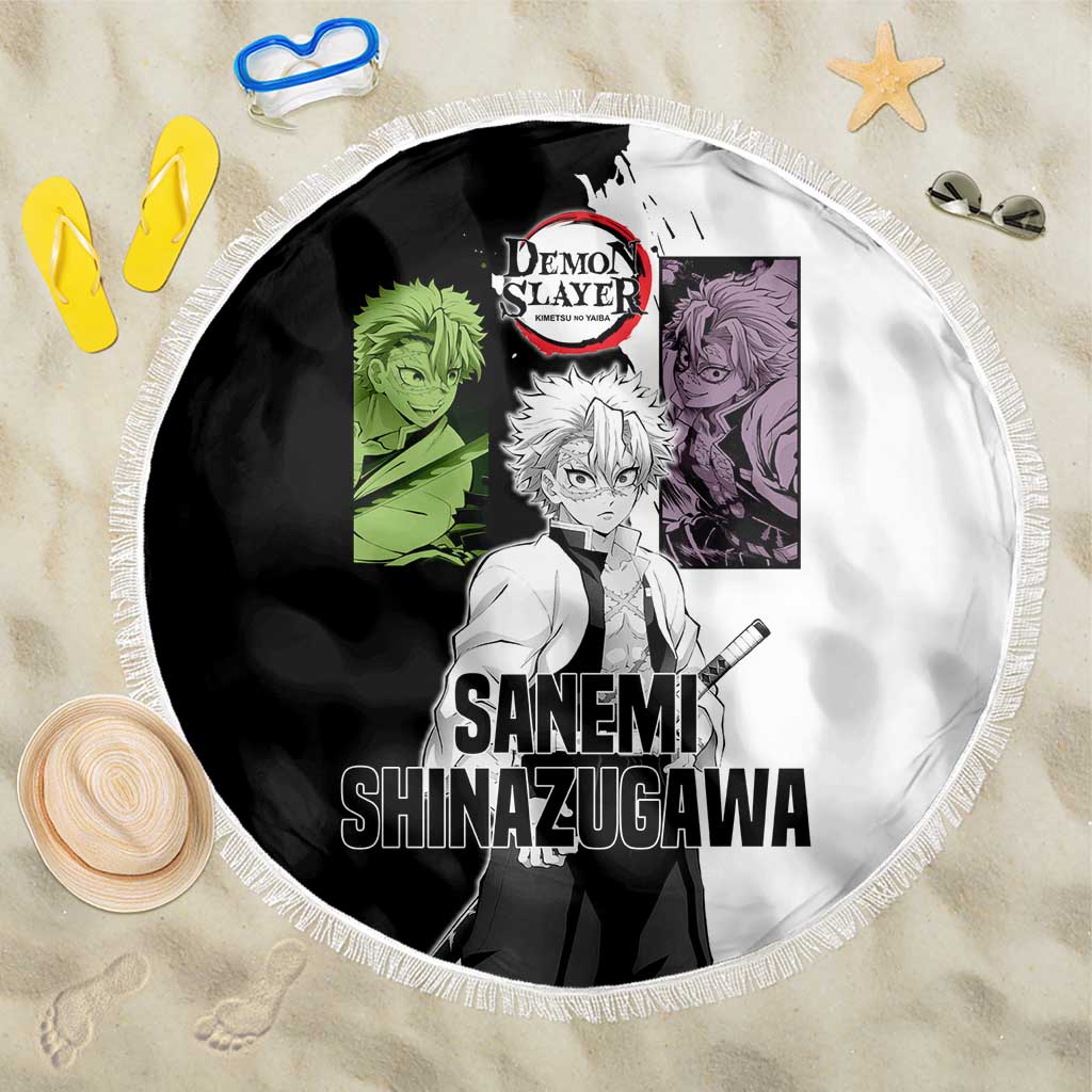 Sanemi Shinazugawa from Demon Slayer Beach Blanket with Black and White Split Background and Intense Battle-Ready Manga Style Design - The Mazicc