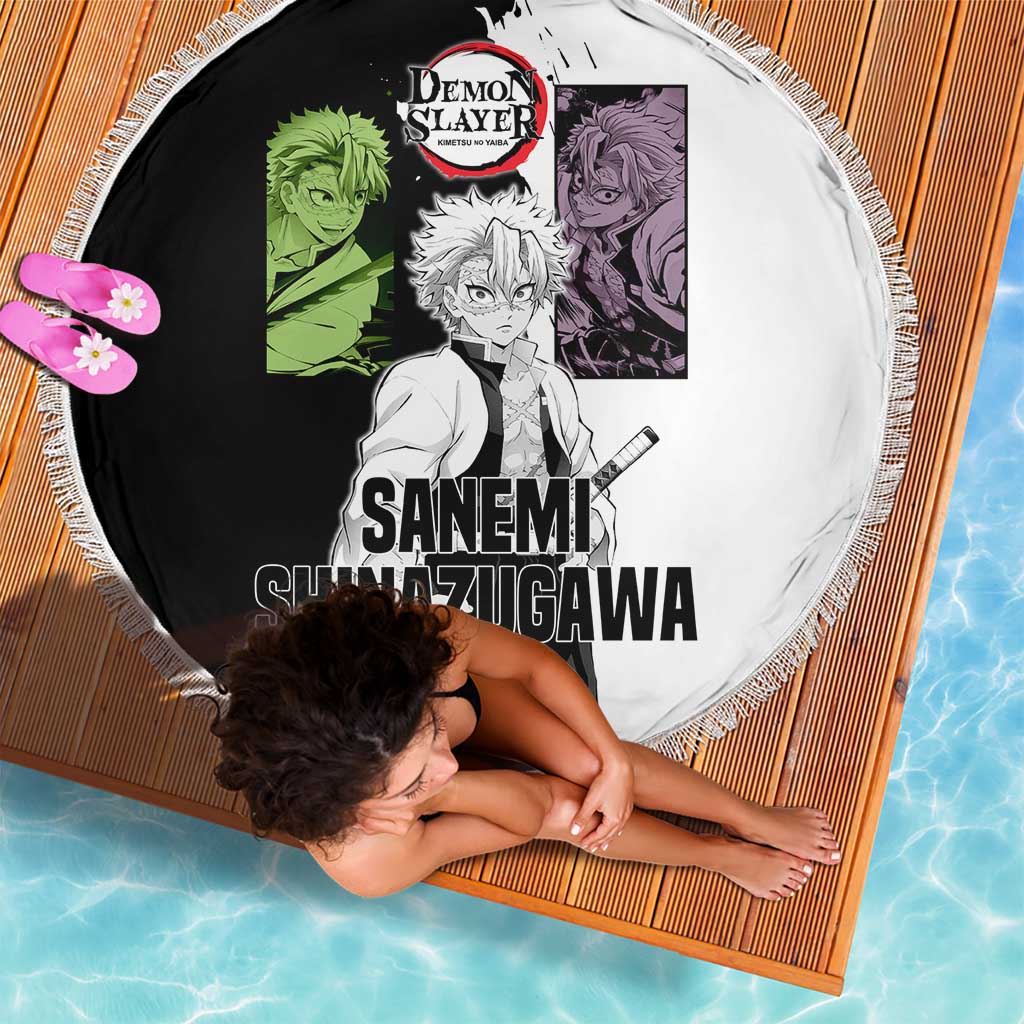Sanemi Shinazugawa from Demon Slayer Beach Blanket with Black and White Split Background and Intense Battle-Ready Manga Style Design - The Mazicc