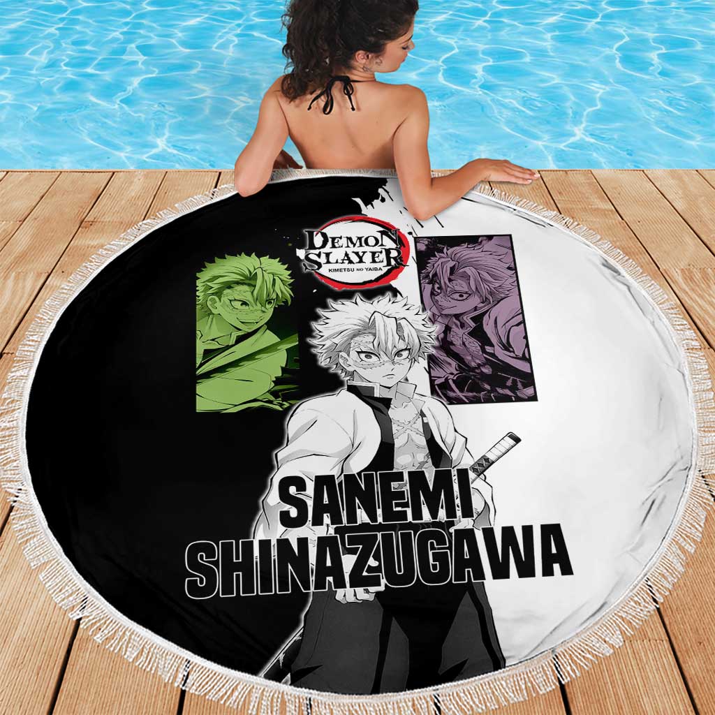 Sanemi Shinazugawa from Demon Slayer Beach Blanket with Black and White Split Background and Intense Battle-Ready Manga Style Design - The Mazicc