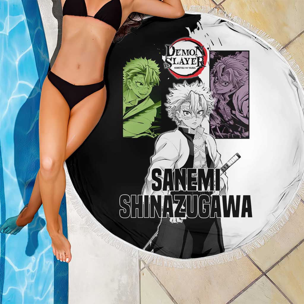 Sanemi Shinazugawa from Demon Slayer Beach Blanket with Black and White Split Background and Intense Battle-Ready Manga Style Design - The Mazicc