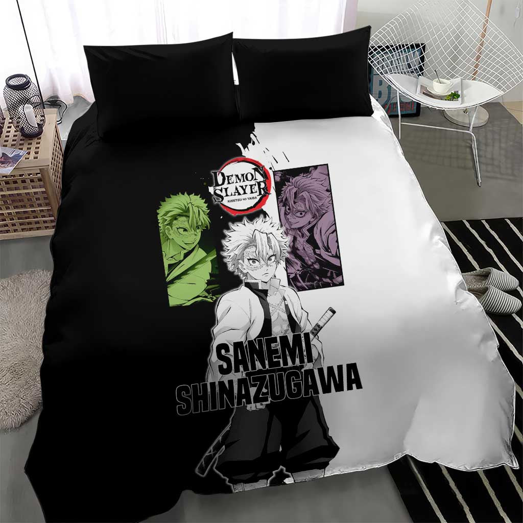 Sanemi Shinazugawa from Demon Slayer Bedding Set with Black and White Split Background and Intense Battle-Ready Manga Style Design - The Mazicc