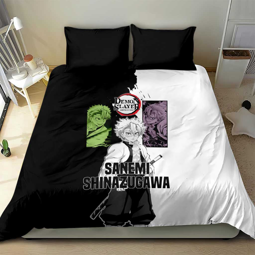 Sanemi Shinazugawa from Demon Slayer Bedding Set with Black and White Split Background and Intense Battle-Ready Manga Style Design - The Mazicc