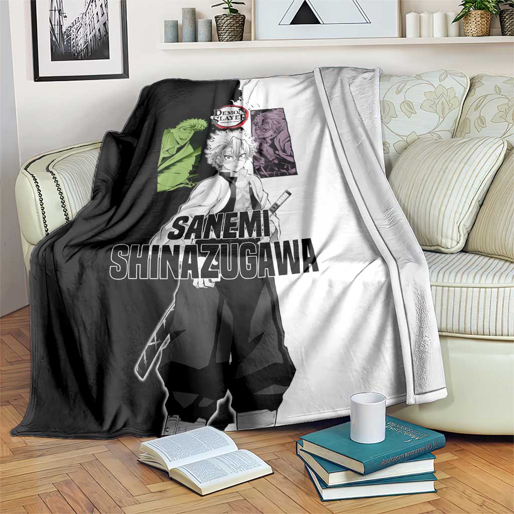 Sanemi Shinazugawa from Demon Slayer Blanket with Black and White Split Background and Intense Battle-Ready Manga Style Design - The Mazicc