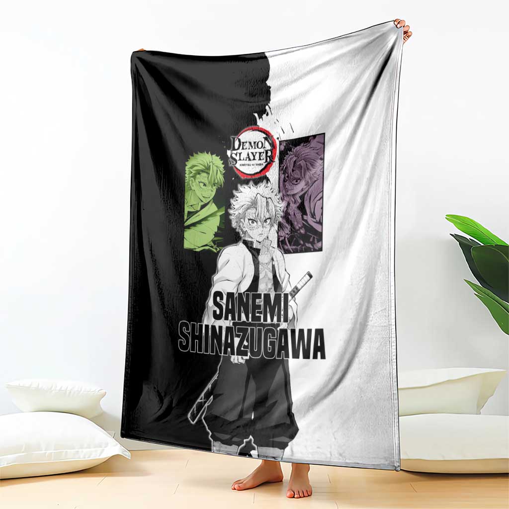 Sanemi Shinazugawa from Demon Slayer Blanket with Black and White Split Background and Intense Battle-Ready Manga Style Design - The Mazicc