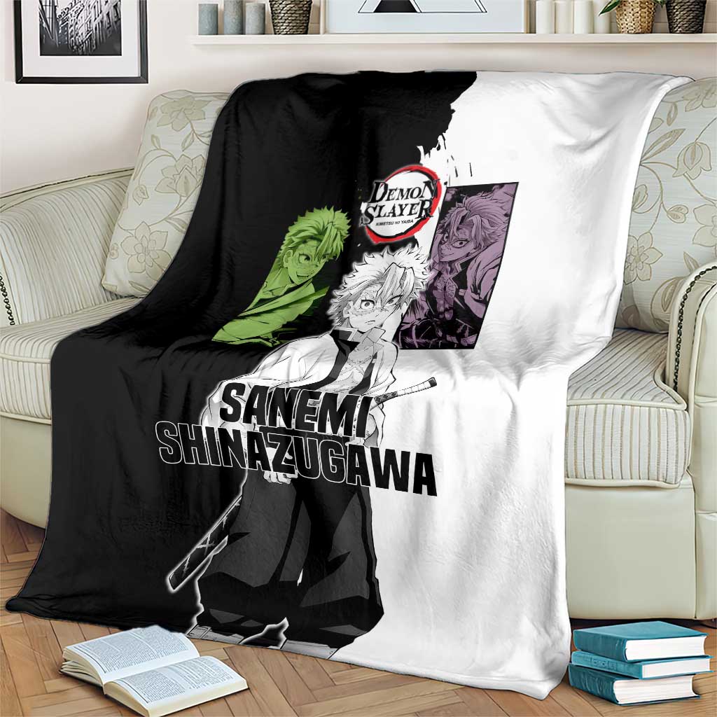 Sanemi Shinazugawa from Demon Slayer Blanket with Black and White Split Background and Intense Battle-Ready Manga Style Design - The Mazicc