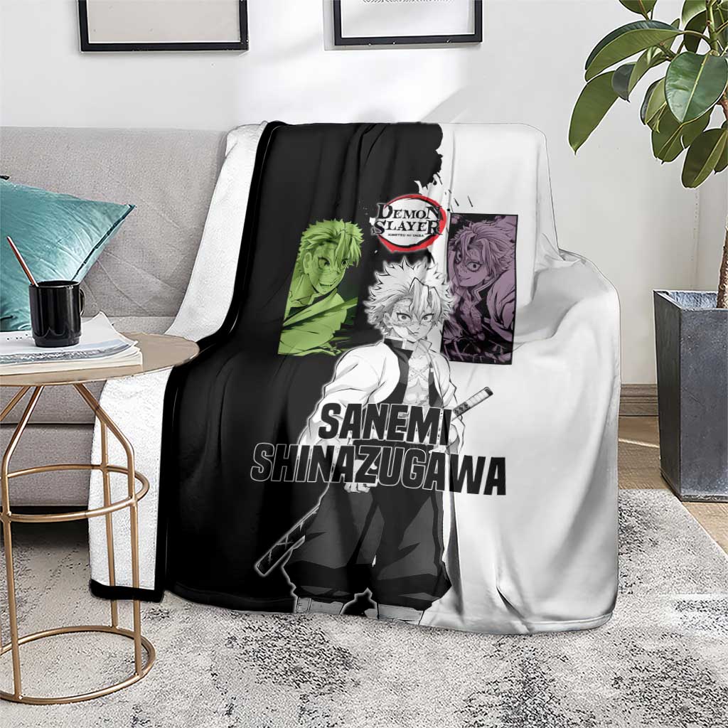Sanemi Shinazugawa from Demon Slayer Blanket with Black and White Split Background and Intense Battle-Ready Manga Style Design - The Mazicc