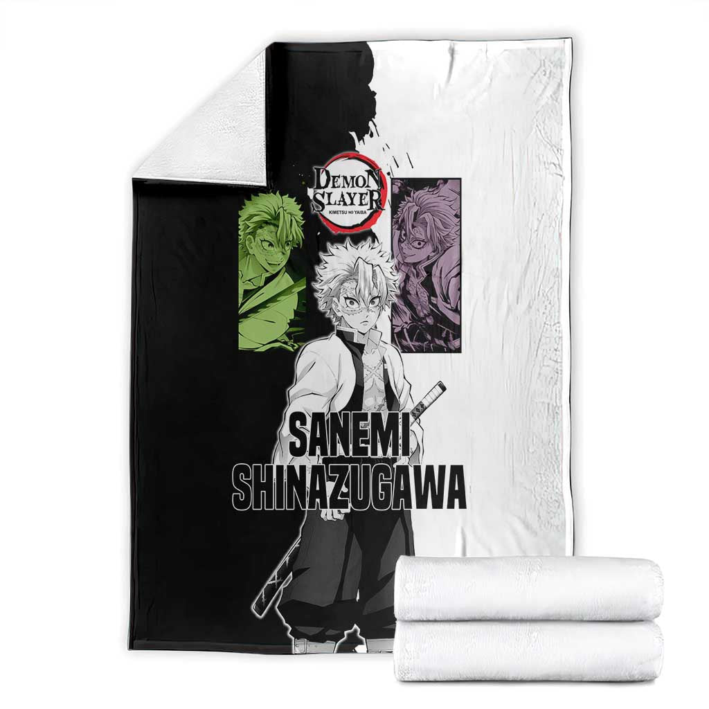 Sanemi Shinazugawa from Demon Slayer Blanket with Black and White Split Background and Intense Battle-Ready Manga Style Design - The Mazicc