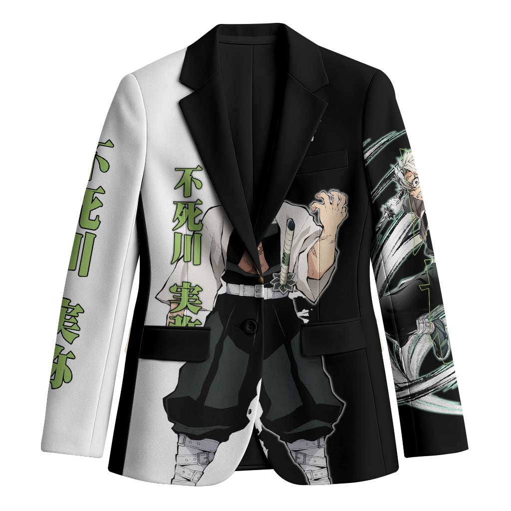 Sanemi Shinazugawa from Demon Slayer Blazer with Black and White Split Background and Intense Battle-Ready Manga Style Design - The Mazicc