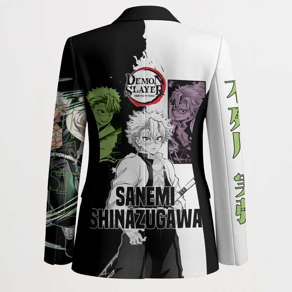 Sanemi Shinazugawa from Demon Slayer Blazer with Black and White Split Background and Intense Battle-Ready Manga Style Design - The Mazicc