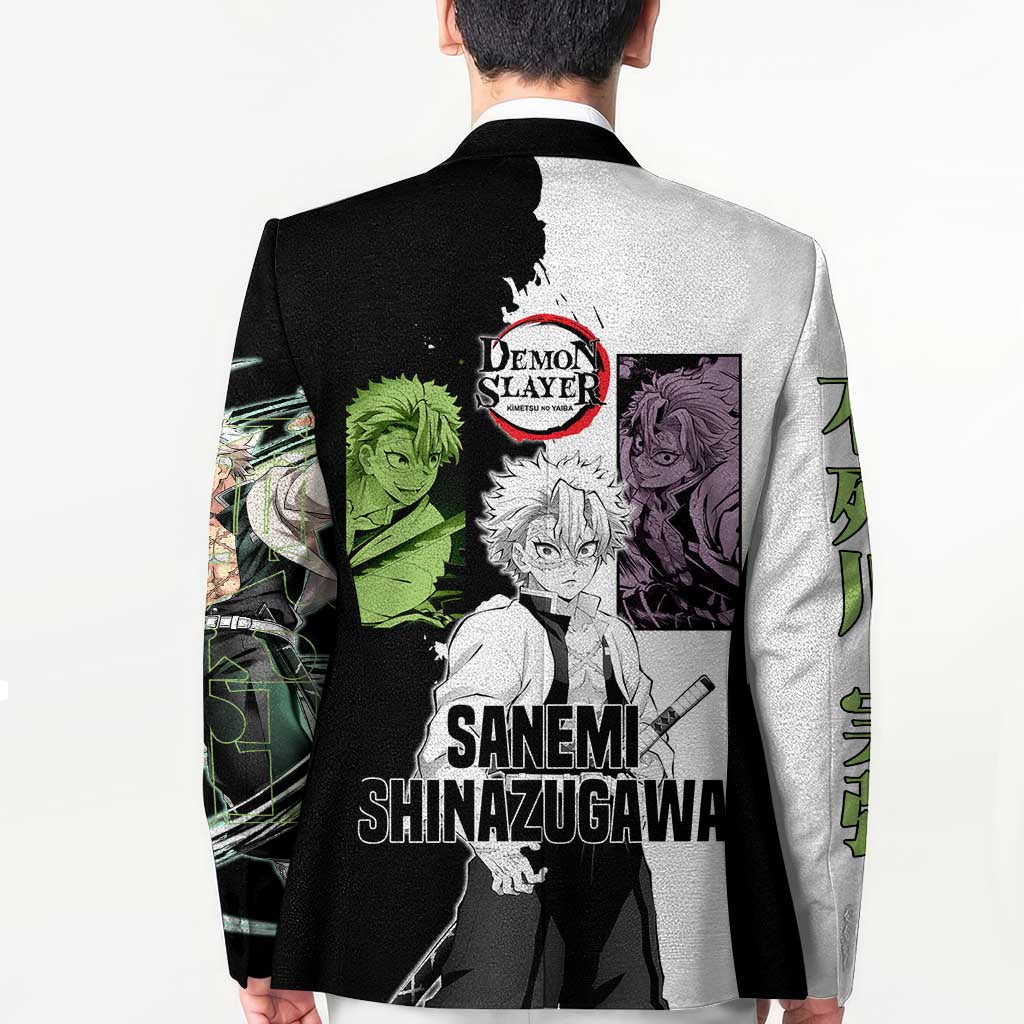 Sanemi Shinazugawa from Demon Slayer Blazer with Black and White Split Background and Intense Battle-Ready Manga Style Design - The Mazicc