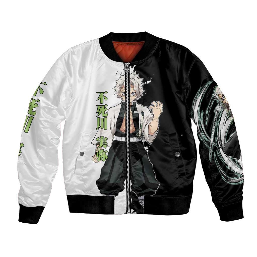Sanemi Shinazugawa from Demon Slayer Bomber Jacket with Black and White Split Background and Intense Battle-Ready Manga Style Design - The Mazicc