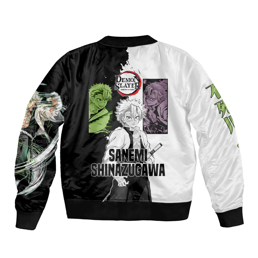 Sanemi Shinazugawa from Demon Slayer Bomber Jacket with Black and White Split Background and Intense Battle-Ready Manga Style Design - The Mazicc