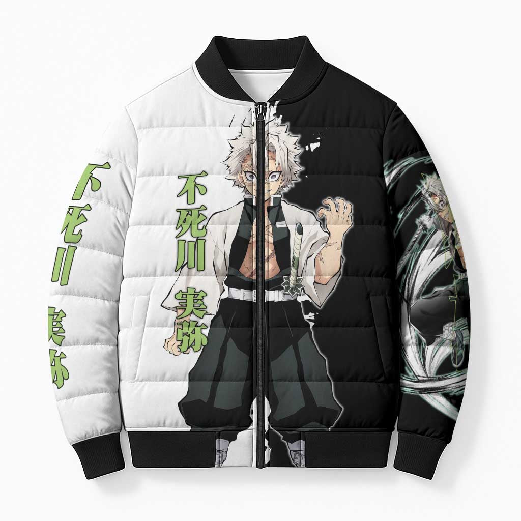 Sanemi Shinazugawa from Demon Slayer Bomber Puffer Jacket with Black and White Split Background and Intense Battle-Ready Manga Style Design - The Mazicc