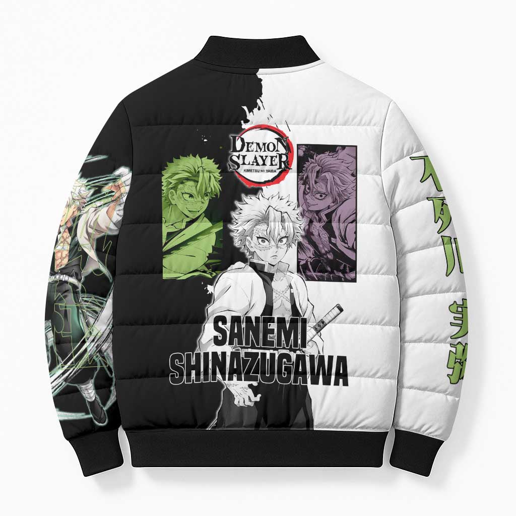 Sanemi Shinazugawa from Demon Slayer Bomber Puffer Jacket with Black and White Split Background and Intense Battle-Ready Manga Style Design - The Mazicc